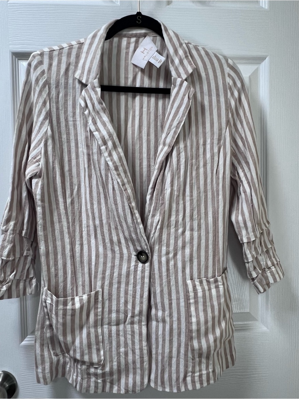 Halston Linen Blend White Beige Stripe Long Blazer Jacket Lightweight Size Small